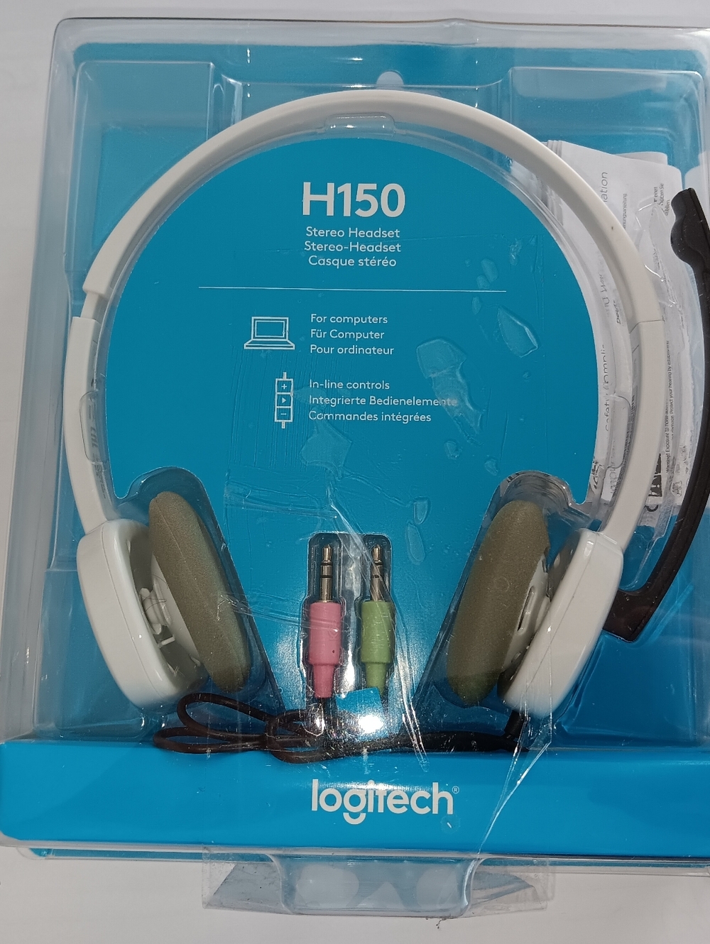 Logitech H150 White Headset with Olive Ear Pads and Pink/Green Plugs